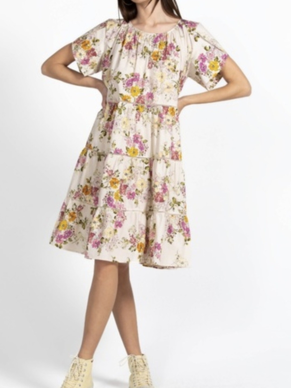 Johnny Was Cream Floral Tiered Mini Dress with Pink and Yellow Blooms